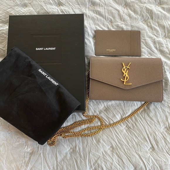 Yves Saint Laurent Taupe Uptown Leather Wallet on Chain - Picture 2 of 5